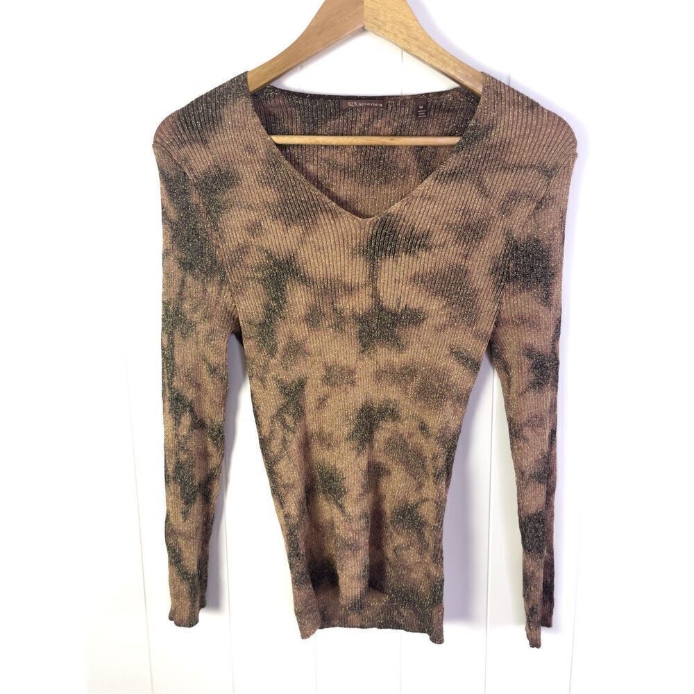 525 America Silk Metallic Ribbed‎ Bodycon Sweater M V-neck ￼